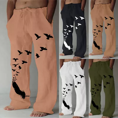 Mens Cotton Linen Harem Pants Trousers Drawstring Baggy Yoga Sports Gym Joggers • £9.79