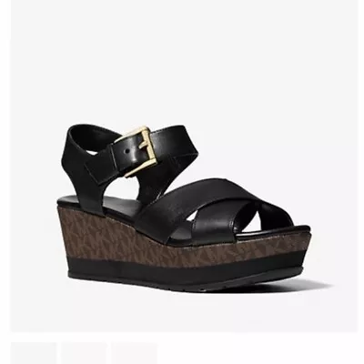 🆕🌹 MICHAEL MICHAEL KORS Neva Leather And Logo Wedge Sandal Black (retail $145) • $84.97