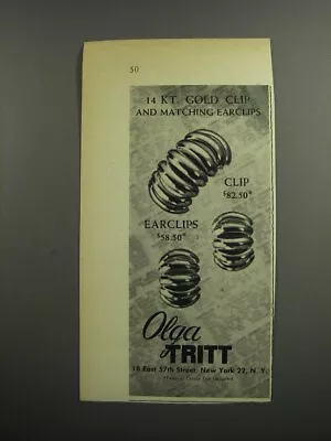 1953 Olga Tritt Jewelry Advertisement - 14 Kt. Gold Clip And Matching Earclips • $19.99