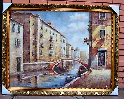 Venice Arch Bridge Canal Gondola 48  Hand Painted Oil Painting Deco Art 274 • $325