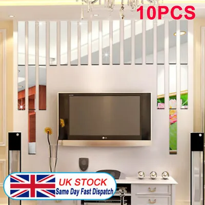 10PCS Long Strip Mirror Acrylic Wall Stickers Self Adhesive Tile Rectangle Decor • £5.99