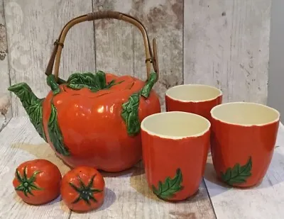 Vintage Japanese Tomato Teapot Maruhon Ware Japan 6 Pc Tea Set Salt Pepper Cups • £24.95