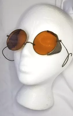 Antique Silver Tone Orange Amber Lens Goggles Steampunk Glasses Metal Mesh Sides • $19.99