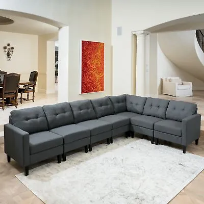 Niya Mid Century Modern 7 Piece Fabric Extended Sectional Sofa • $1171.13
