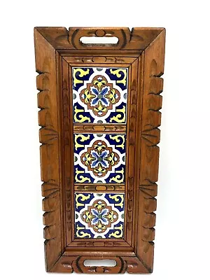 Vintage Mexican Hand Carved Wood Tray Ceramic Tile Centerpiece Wall Hanging 19” • $29.99