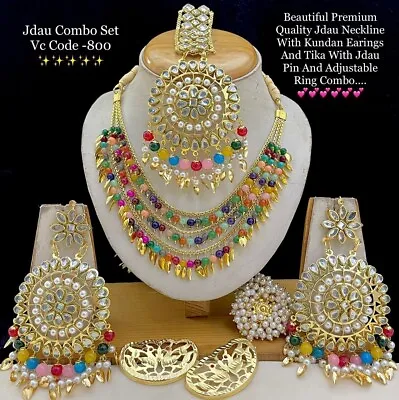 Indian/Pakistani Asian Jadau Necklace Set With Earings Tikka Hair Clip Ring Comb • £18.99