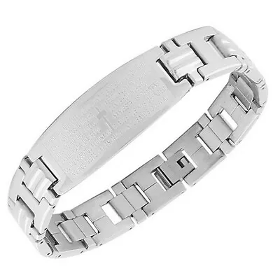 Stainless Steel Silver Tone Religious Cross Lords Prayer Mens Chain Bracelet • £18.96