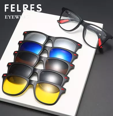 5 In 1 Magnetic Clip On Polarized Sunglasses Men Women Square Glasses Frame New  • $18.67