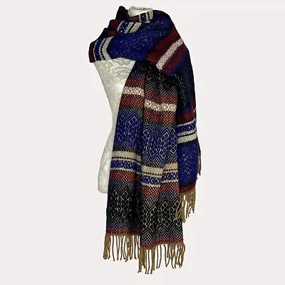 Merona Aztec Pattern Fuzzy Woven Scarf Fringe Blue Red OS Am • $21