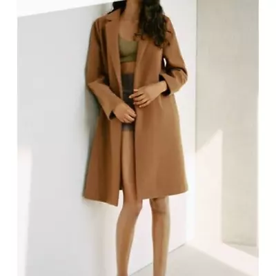 ZARA Camel Tan Brown Felt Cloth Notch Lapel Classic Tailored Long Blazer Coat S • $59.99