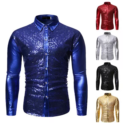 Mens Sequin Shirts Shiny Button Shirt Long Sleeve Nightclub Latin Dance T-Shirt • £12.66