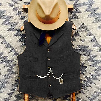 Mens Vests Cowboy Waistcoat Herringbone Vintage Retro Tailored Groom XS-3XL • £23.99