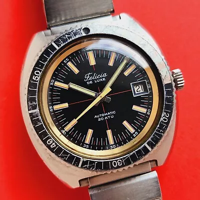 Felicia Divers Watch Vintage Black Cross Hair Dial Automatic Dive Bezel 3134 • $699