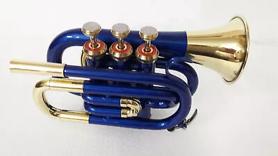 Mini Pocket Trumpet New Blue Brass W/free Case Box & Mouthpiece • $121.14