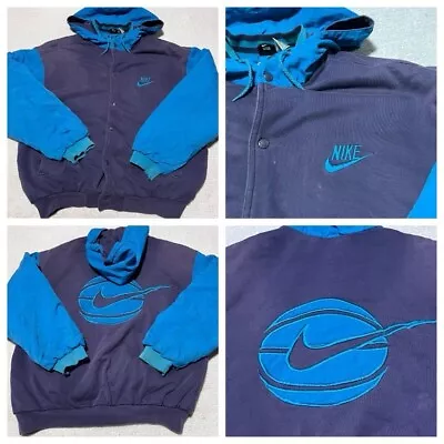 Vintage 90s Nike Basketball Spell Out Swoosh Hooded Varsity Jacket XL Flaws • $70