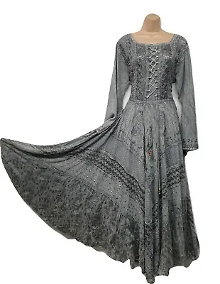 £39.99 • Buy Maxi Dress Long Sleeve Medieval Embroidered Rayon Satin GREY 12 14 16 18 20