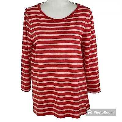 Majestic Filatures Striped Deluxe Tee Top Linen Blend Orange 3/4 Sleeve Size 4 L • $28.05