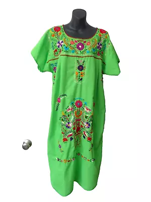 Mexican Brite Green Cotton  BOHO Floral Embroidered Peasant Tunic Dress L XL NEW • $36