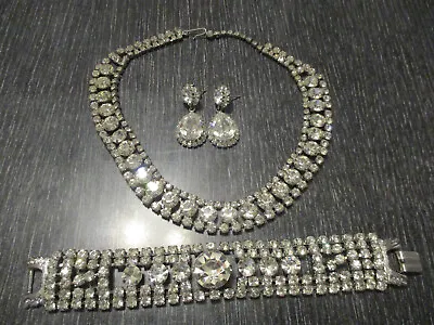 Vintage Shimmering Clear Rhinestone Wedding Necklace Bracelet Earring Parure Set • $65
