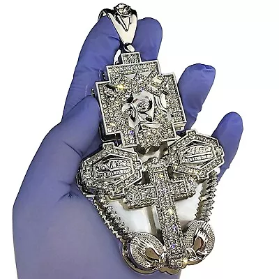 Huge 3D Jesus Combo Head Cross Last Supper Silver Tone Iced Simulated CZ Pendant • $43.95