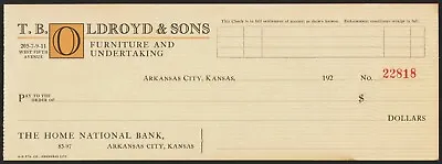 Vintage Bank Check T B OLDROYD Furniture Undertaking 1920s Arkansas City Kansas • $9.56