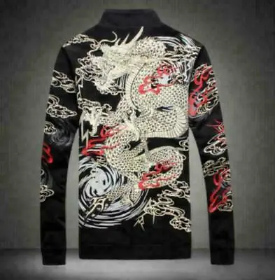 Mens Chinese Totem Dragon Printed Coat Hoodie Outwear Stand Collar Casual Jacket • $45.89