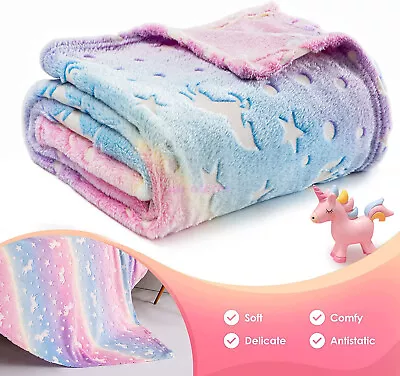 HOT Unicorn Fleece Blanket Glow In The Dark Large Sofa Throw Soft Warm Gradient • $38.51