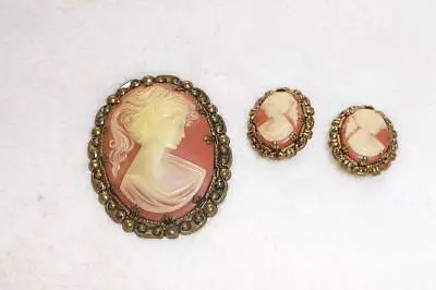 W GERMANY Brooch Clip On Earrings ~ Vintage Brass Pink Molded Resin Lady Cameo • $59.95