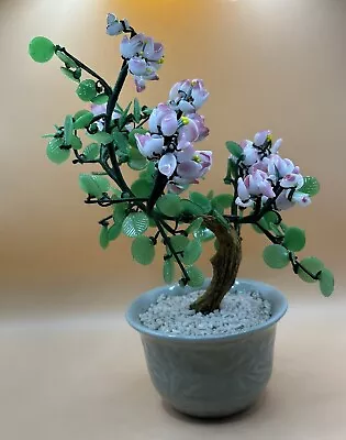 Vintage Glass Stone Jade Cherry Blossom Bonsai Tree Pink Flowers • $50
