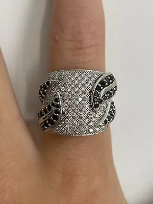 Gorgeous Black & Clear Cz Micro Pave Leaf Design 925 Silver Ring Size 8 • $59