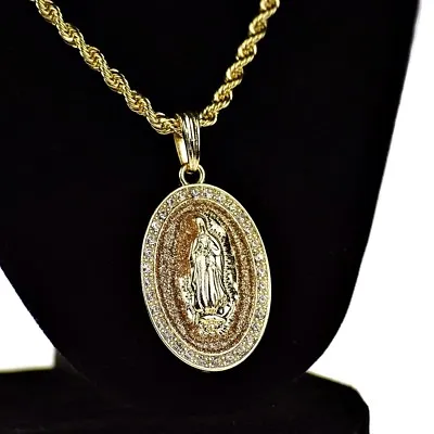 La Virgen De Guadalupe Oval Mary Pendant Gold Plated Glitter 24  Rope Chain • $15.95