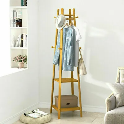 Bamboo Entryway Hall Tree Coat Rack Stand Umbrella Storage With 2 Shelves 8 Hook • $36.94