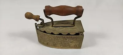 Vintage Retro Brass Wood Handle Charcoal Mini Clothes Iron Foliage Ornate Scroll • $75