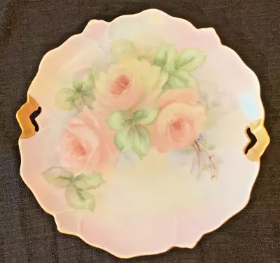 Vtg Hand Painted Pink Roses Porcelain Plate Gold Trim Cottage Chic Flowers • £18.34