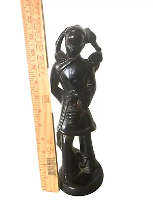 Mid Century Modern Chinese Figurine Asian Statue Black Pottery Female 12  Signed • $49.99