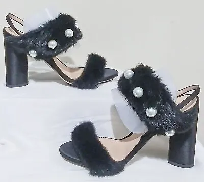 NEW NEIL J. RODGERS Italy Black Leather Mink Pearls Pump Heels Shoes Size 39 • $129.99