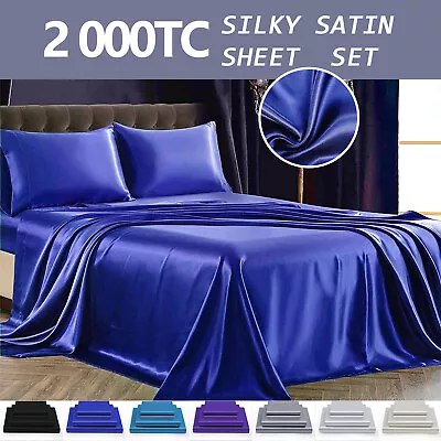 2000TC 4Pcs Silk Satin Sheet Set Flat Fitted Sheet&Pillowcase Double Queen King • $34.99