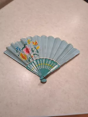 Vintage Hand Fan Hand Painted Flowers Wood Silk? Greens Yellow Orange White  • $39.72