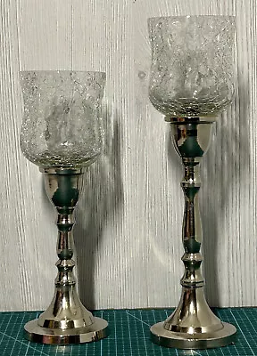 Pair Of Crackle Glass Candleholder With Silver Colour Stand • £17.99