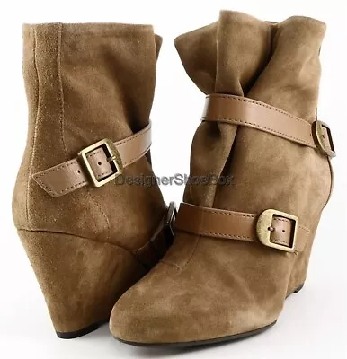 $275 VIA SPIGA FELICE Cashew Suede Designer Wedge Ankle Boots MISMate R 7.5 L 8 • $44.99