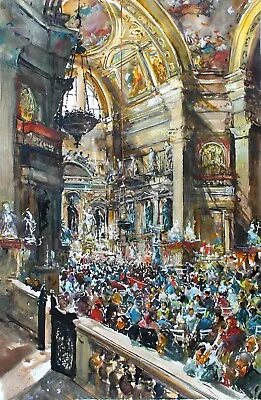 ARCHITECTURE PAINTING WATERCOLOR ORIGINAL NAPOLI LANDSCAPE DUOMO GIGANTE 19x12i • $350