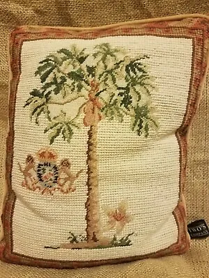 Two's Company Needlepoint Throw Pillow Decorative Wool Green Gold Tree Monkey • $45