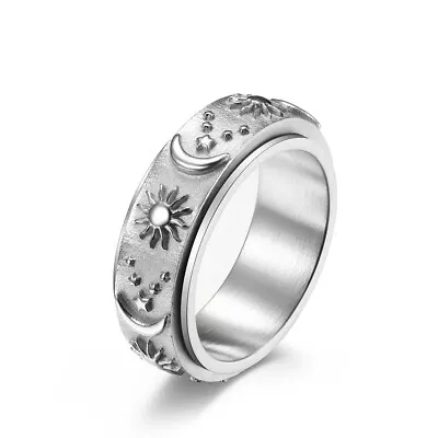 Vintage Boho Titanium Steel Star Moon Sun Spinner Ring Fidget Anxiety Band Rings • $1.64