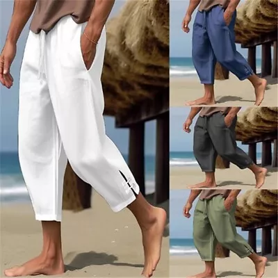 Mens Cotton Linen Harem Pants Lightweight Loose Beach Yoga Trousers Drawstring • $18.29