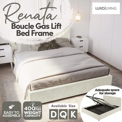 $299 • Buy Boucle Fabric Upholstered Gas Lift Bed Frame Bed Base Storage Double Queen King
