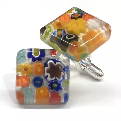 SOMA LINK 'Rainbow' New Unique Square Glass & Silver Murano Millefiori Cufflinks • £17.50