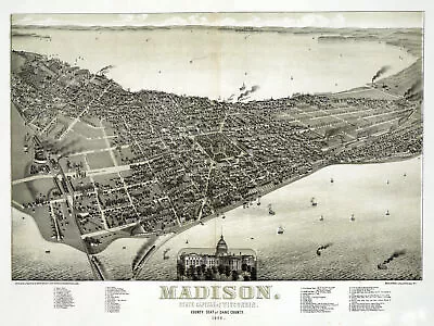 2930.Madison Wisconsin 1886 Aerial View Map POSTER.Home School Office.History • $60