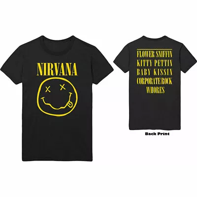 Nirvana T Shirt Happy Face Flower Officially Licensed Mens Black Kurt Rock Merch • £14.89