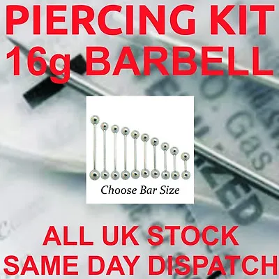 STERILE 16g BARBELL PIERCING KIT - Standard Or Pro Kit Available ** FREE POST** • £6.95