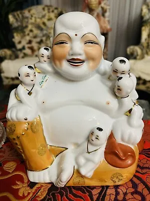 Antique Chinese Porcelain Laughing Buddha With Five Children Statue Hand Painted • £261.29